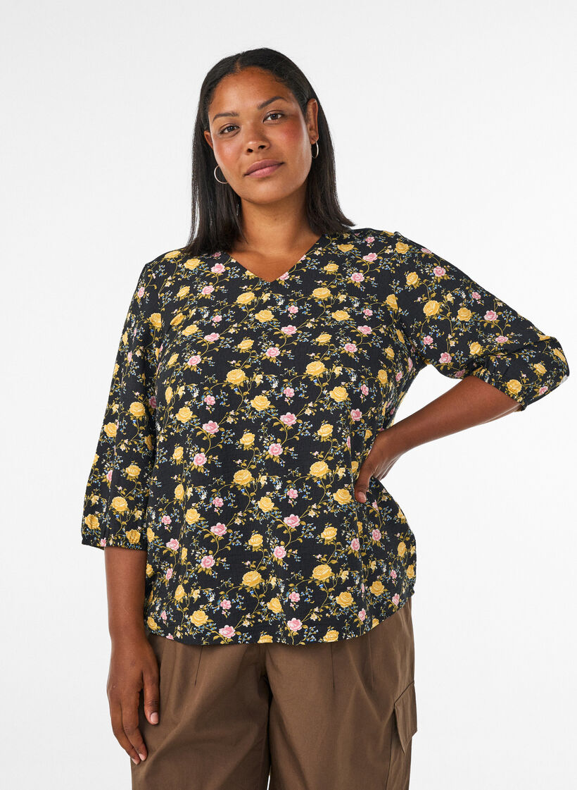 Bluzka z wiskozy w krate z 3/4-sleeves, Czarne, Model image number 0