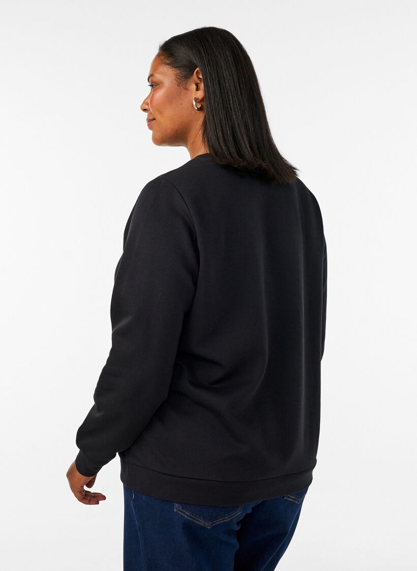 Bluza z nadrukiem w r&oacute;ze i krysztalkami, Czarne, Model image number 2