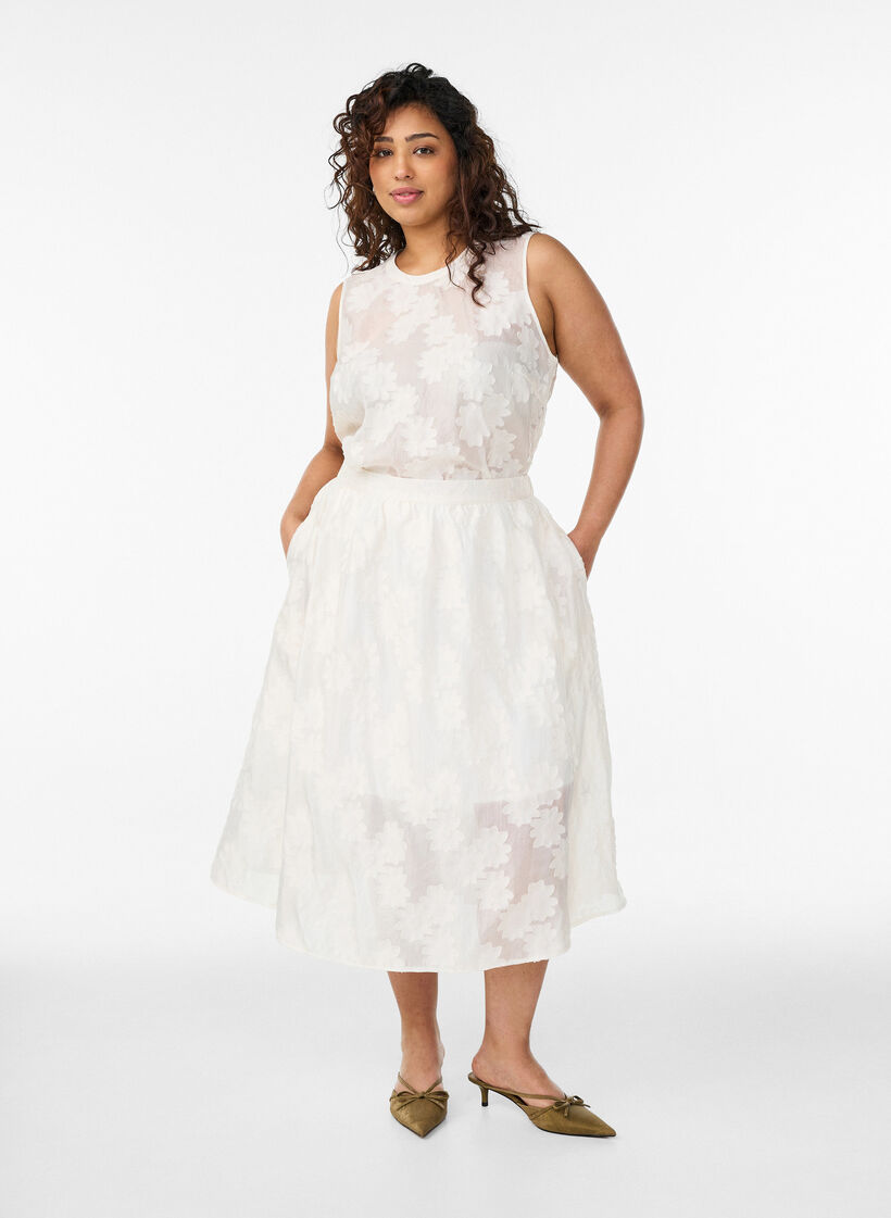 Bluzka bez rekaw&oacute;w w zakardzie z kwiatowym wzorem, Biały, Model