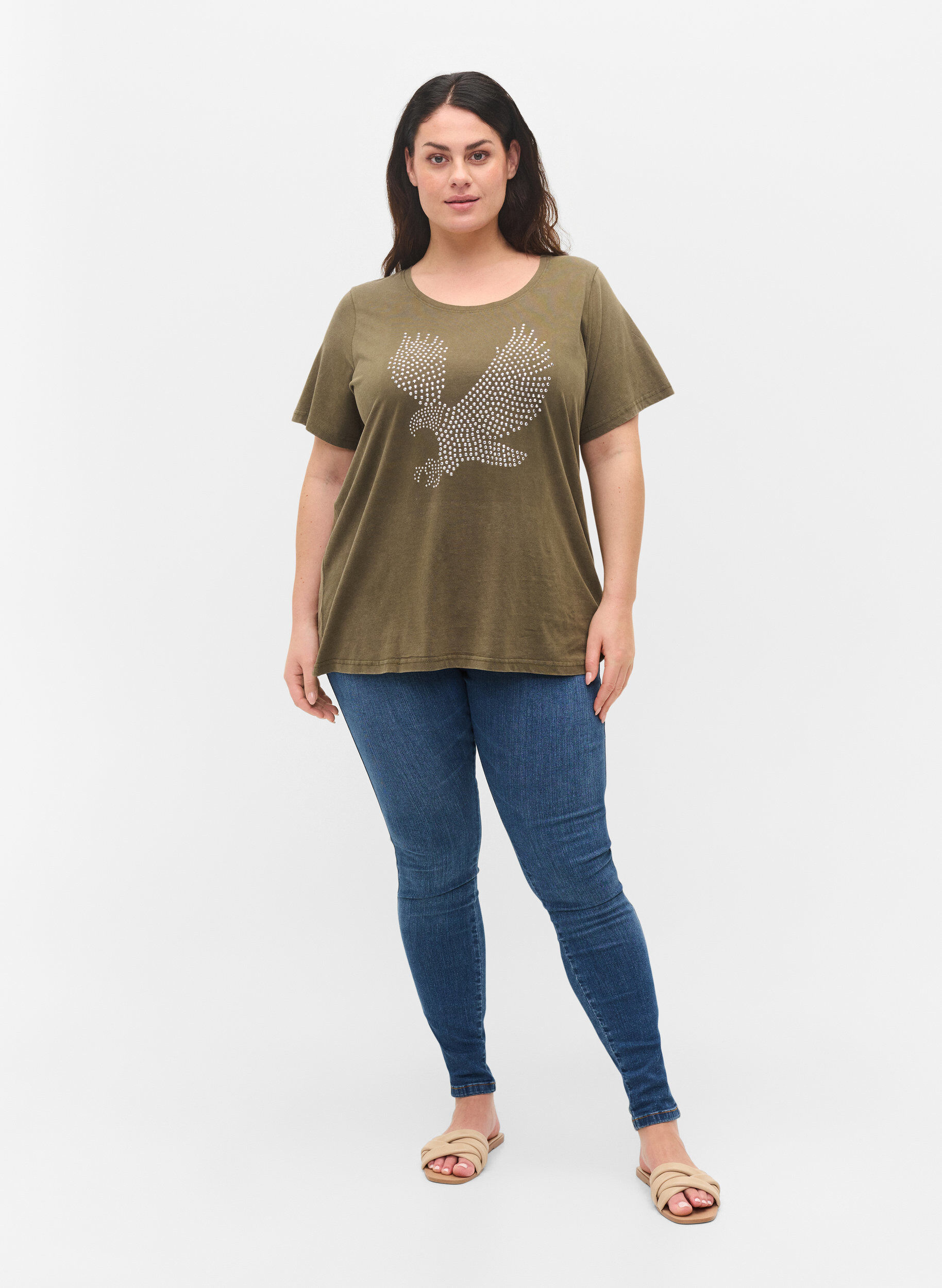 Zizzi Cotton t-shirt in acid wash and stones, Ivy Green Wash, Model image number 2