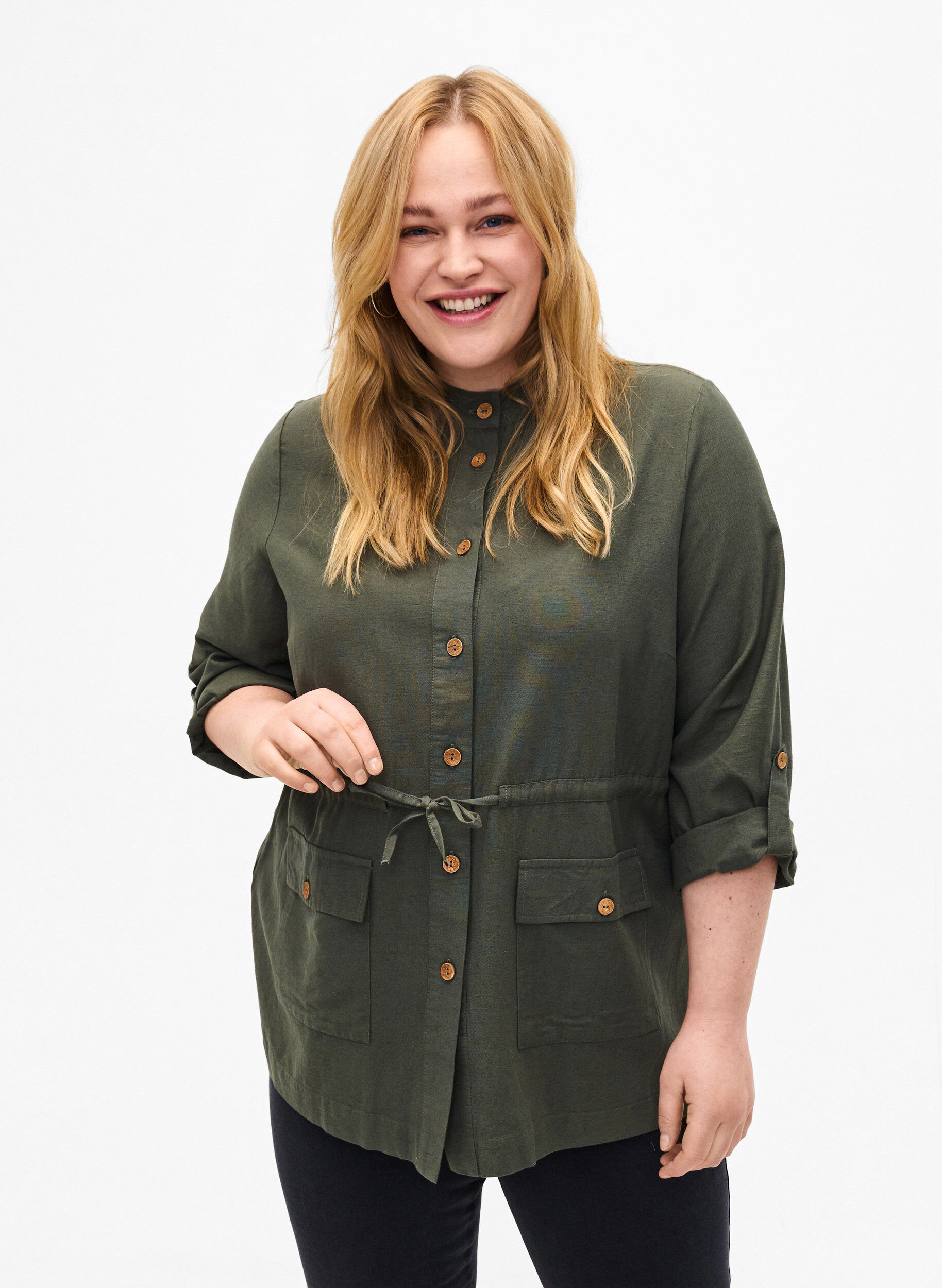 Zizzi Koszula z lnianej mieszanki z kieszeniami, Thyme, Model image number 0