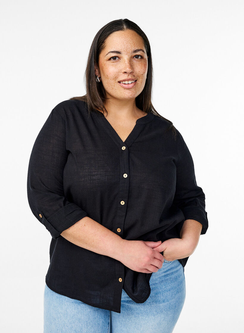 Bawelniana bluzka koszulowa z&nbsp;dekoltem w&nbsp;szpic, Czarne, Model image number 0