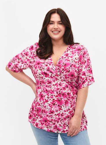 Wiskozowa bluzka w kopertowym stylu, Pink Flower Rain, Model image number 0