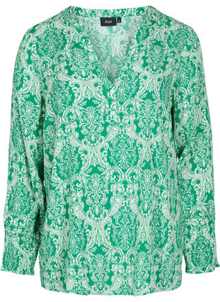 Drukowany wiskozowy top z marszczeniem, Jolly Green Oriental, Packshot image number 0