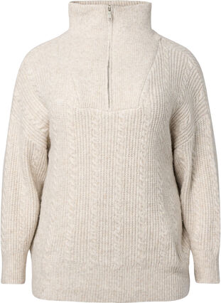 Sweter o warkoczowym splocie, zapinany na zamek, Pumice Stone Mel., Packshot image number 0