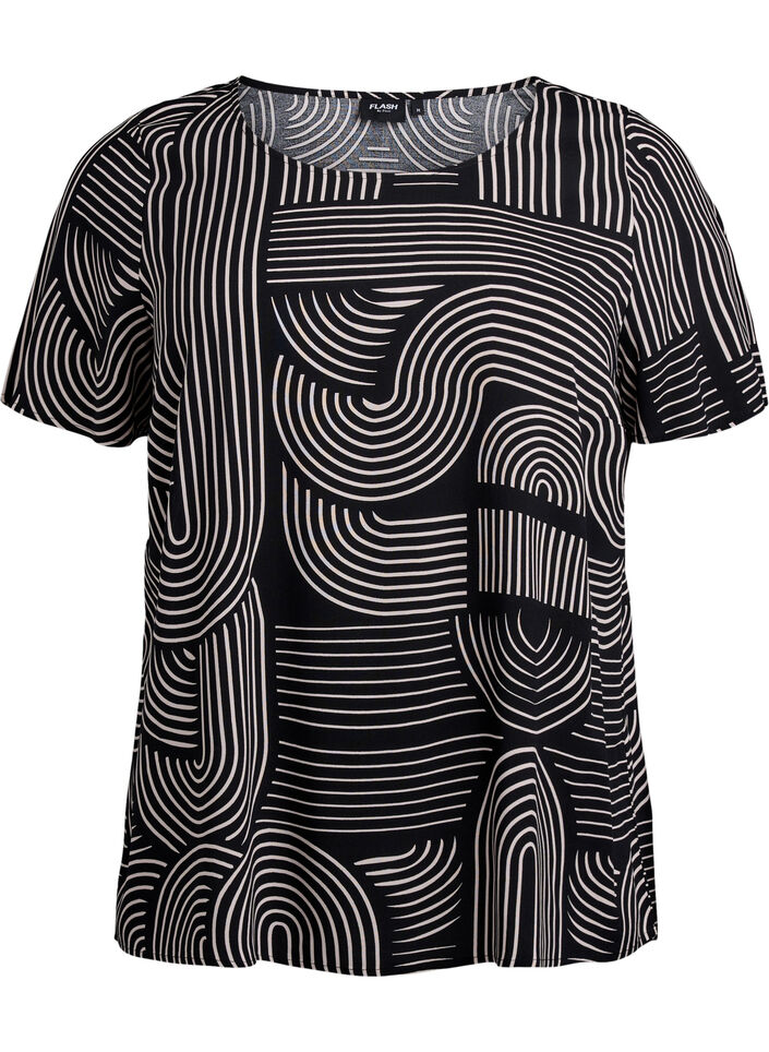 FLASH – bluzka z wiskozy z krótkim rekawem i nadrukiem, Czarne, Packshot image number 0