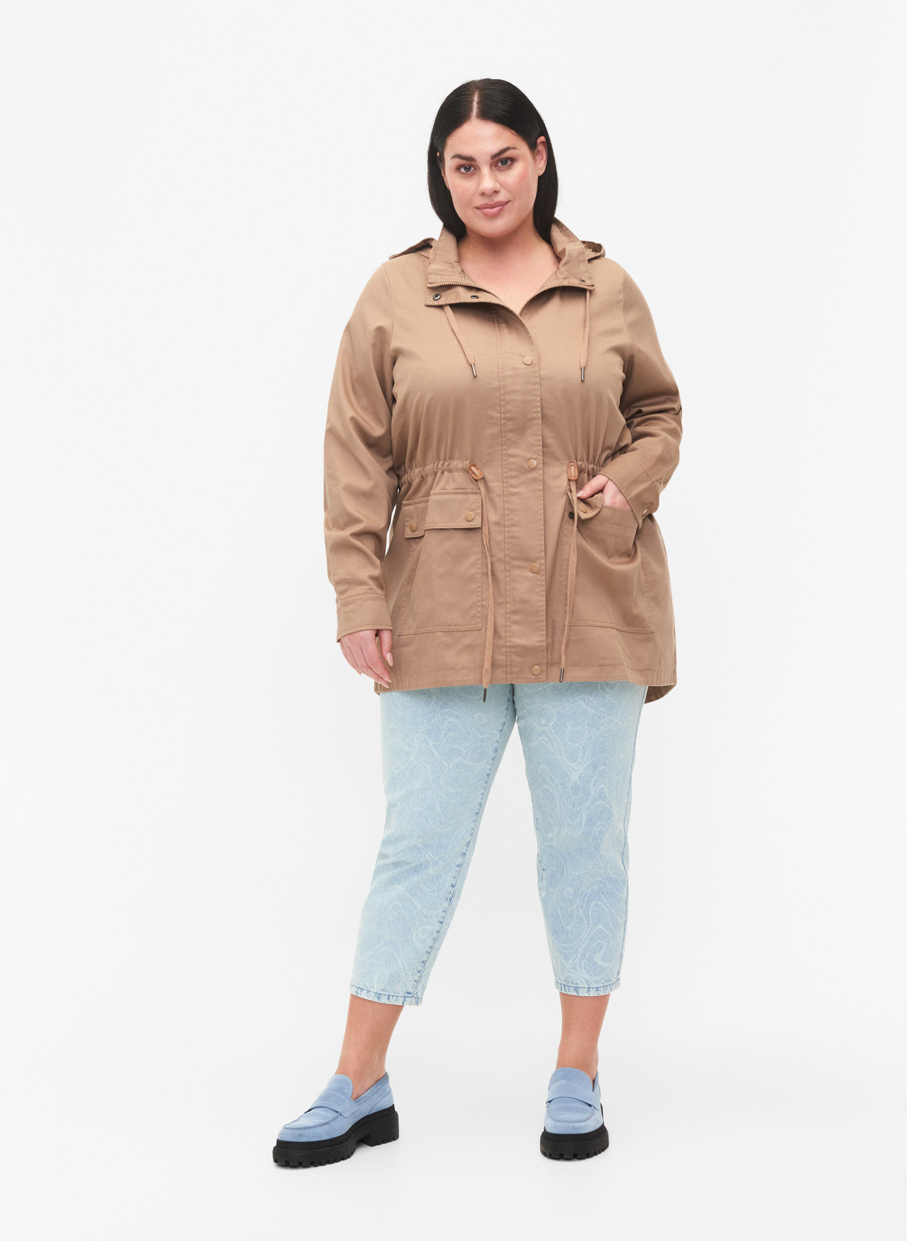Zizzi Long parka jacket with hood and pockets, Amphora, Model image number 3