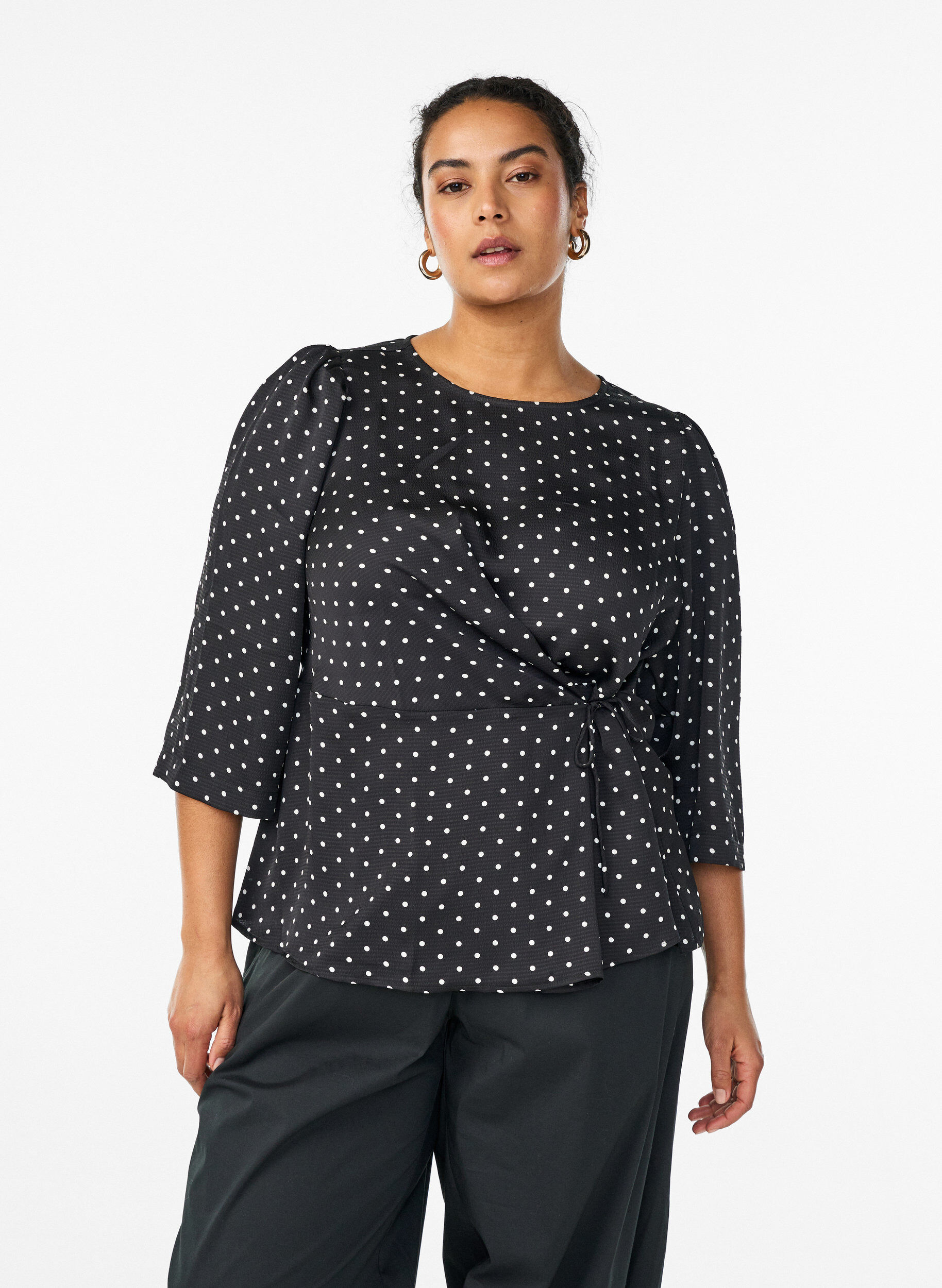 Bluzka Polka dot z wiazaniami i 3/4-sleeves, Czarne, Model