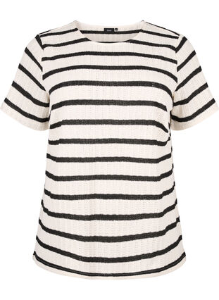 Bluzka z krótkim rekawem w paski w kontrastowych kolorach, Sand Black Stripe, Packshot image number 0