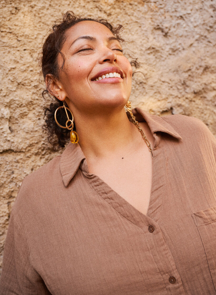 Bluzka z bawelnianej muslinowej tkaniny z kr&oacute;tkim rekawem, Brązowy, Image image number 0