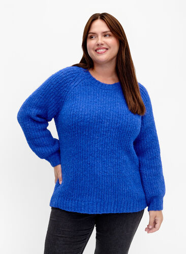 Dzianinowy sweter z welna i raglanowymi rekawami, Princess Blue, Model image number 0