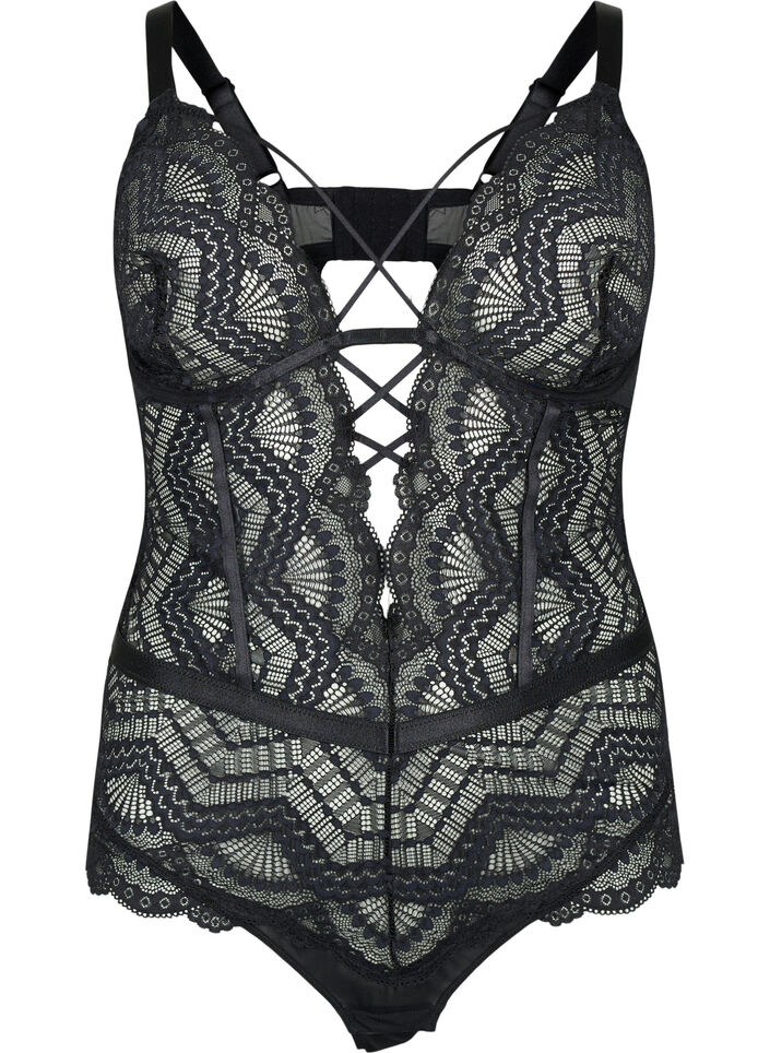 Koronkowe body na ramiaczkach, Czarne, Packshot image number 0