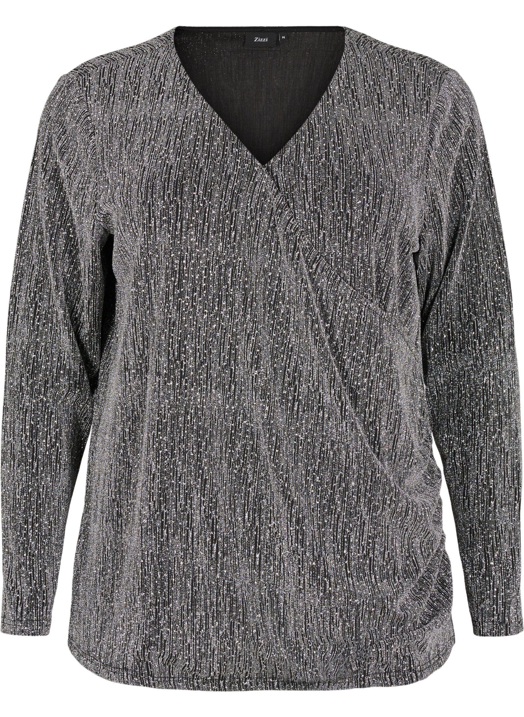 Zizzi Zawijany, brokatowy top na impreze, Czarne, Packshot image number 0