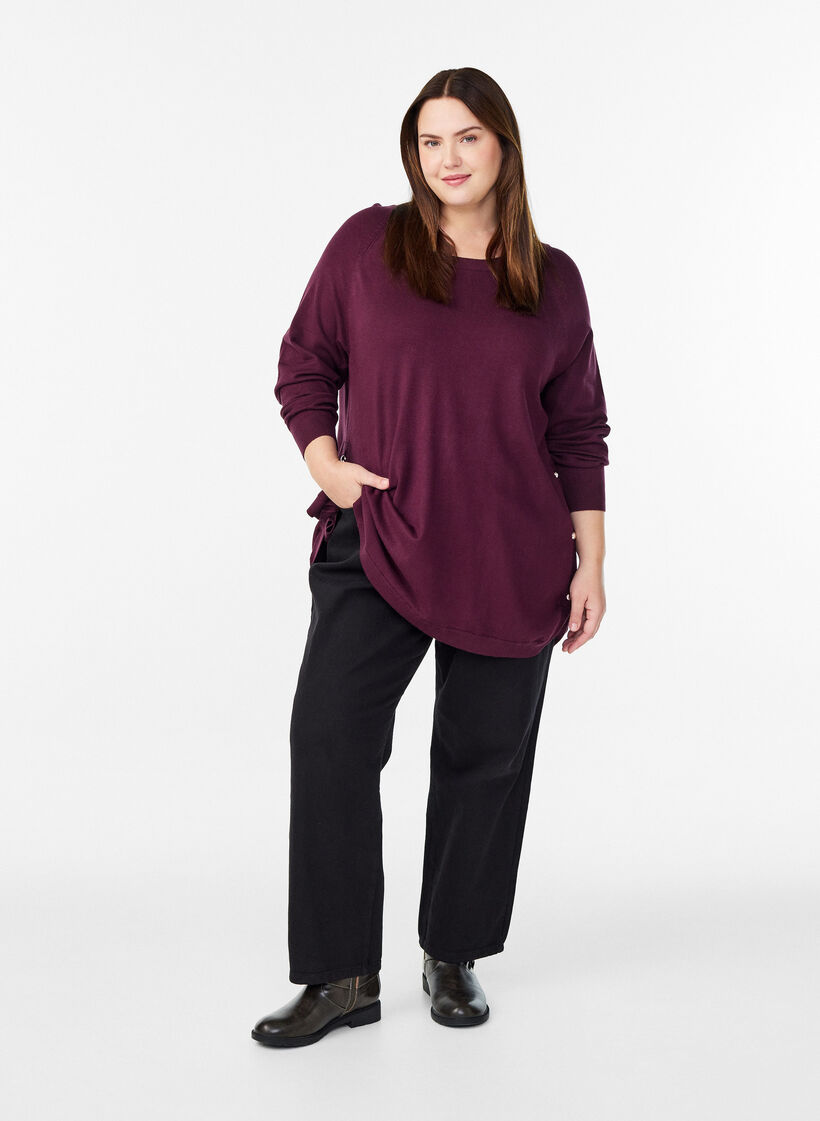 Dzianinowa bluzka z guzikami po bokach, Czerwony, Model image number 1