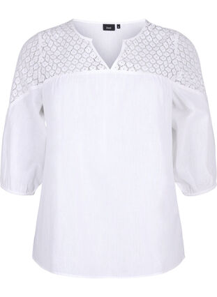 Bluzka z mieszanki bawelny z lnem i szydelkowymi detalami, Bright White, Packshot image number 0