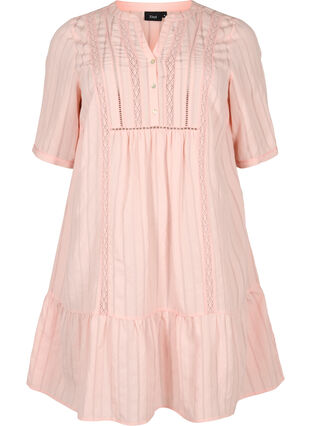 Sukienka z wiskozy w paski z koronkowymi wstazkami, Strawberry Cream, Packshot image number 0