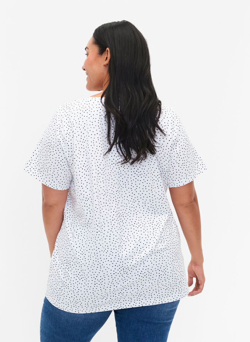 Bawelniana koszulka w kropki z dekoltem w szpic, B.White/Black Dot, Model image number 1