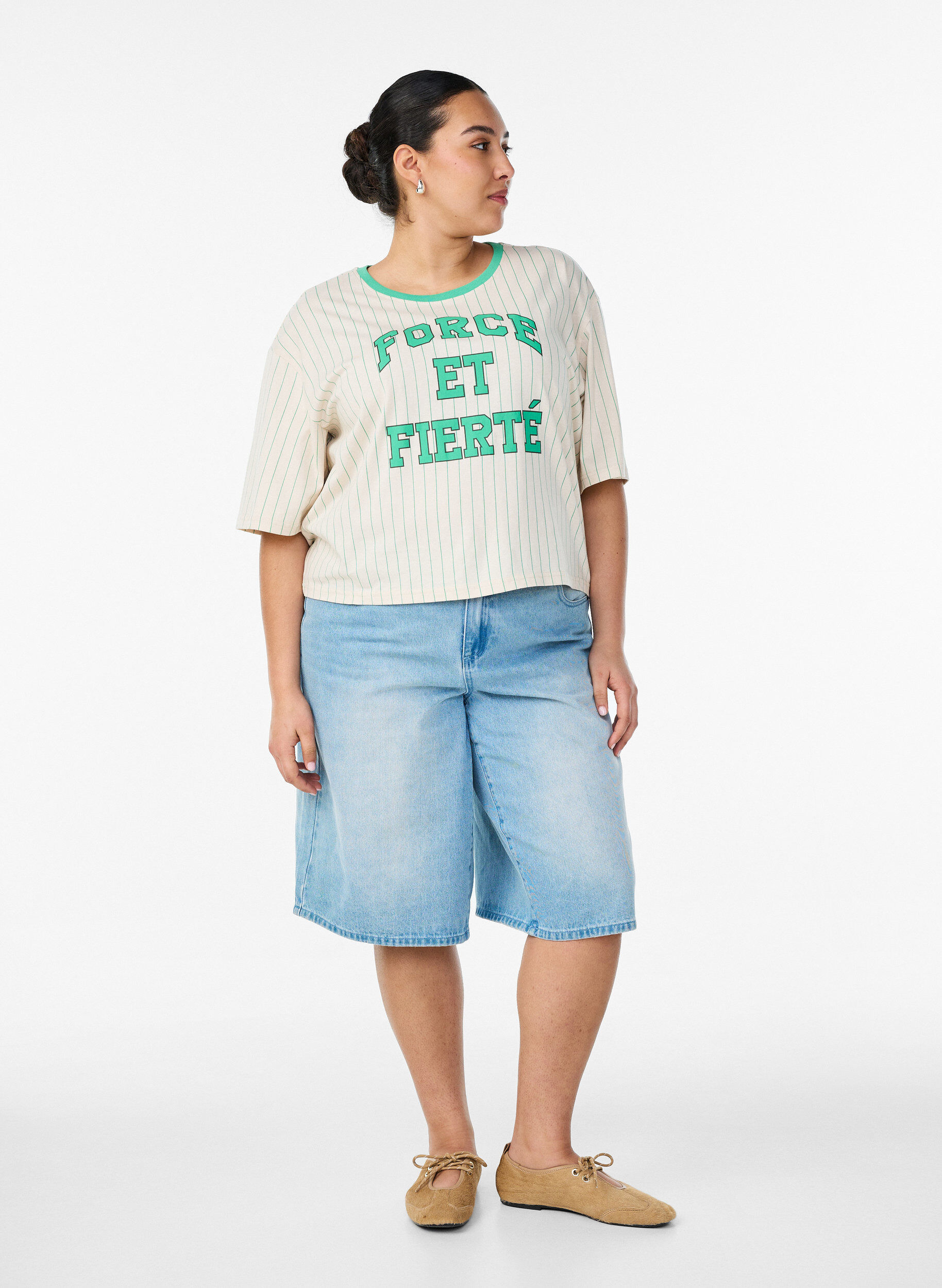 ZizziKoszulka Boxy z paskami i nadrukiem, Biały, Model image number 1