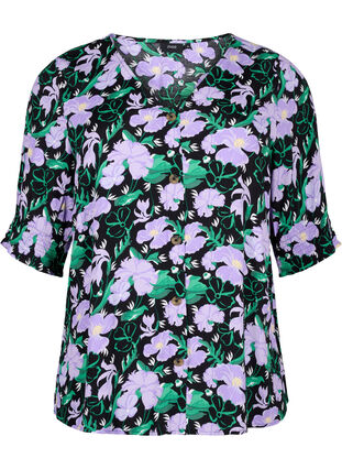 Wiskozowa bluzka z guzikami, Black Small Flower, Packshot image number 0