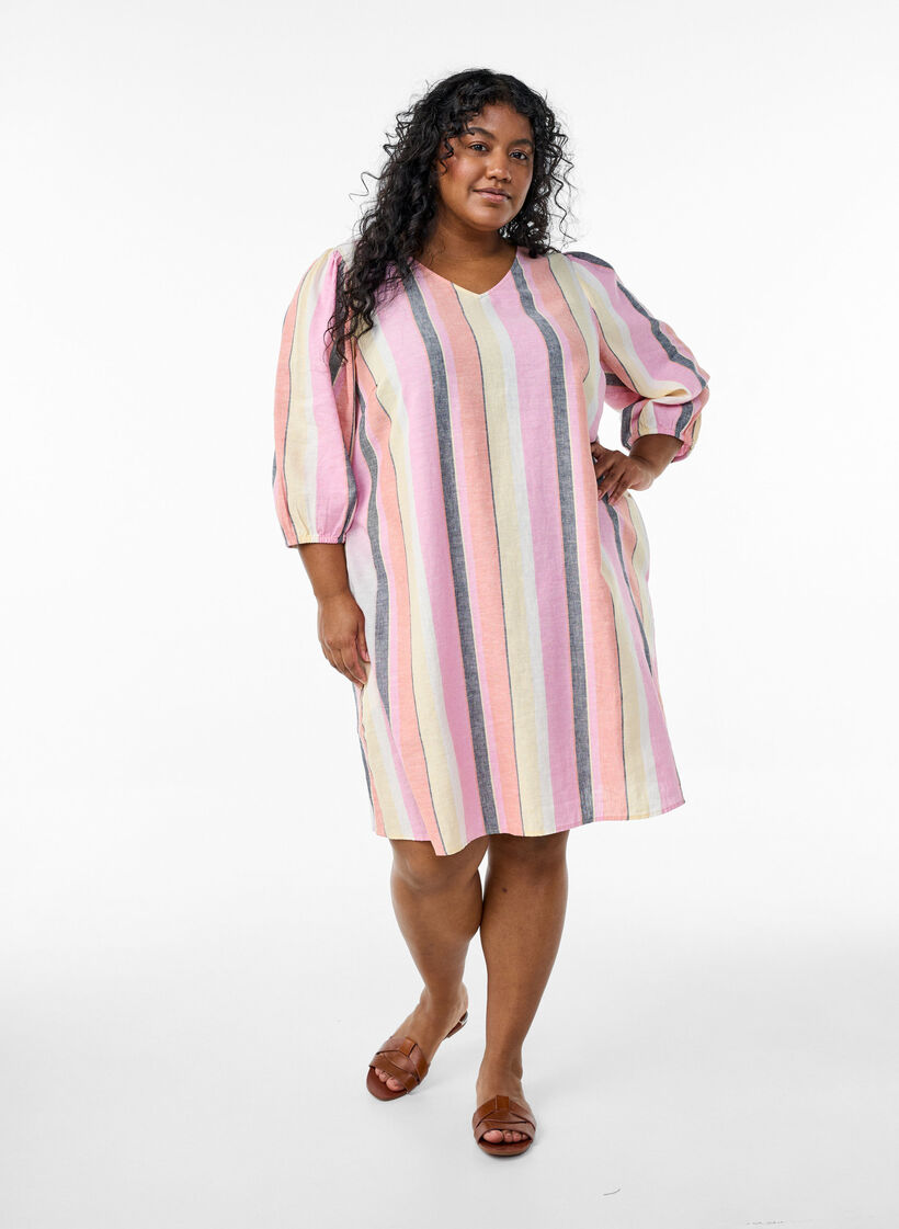 Kr&oacute;tka sukienka z lnu i wiskozy z rekawami 3/4, Ż&oacute;łty, Model image number 1