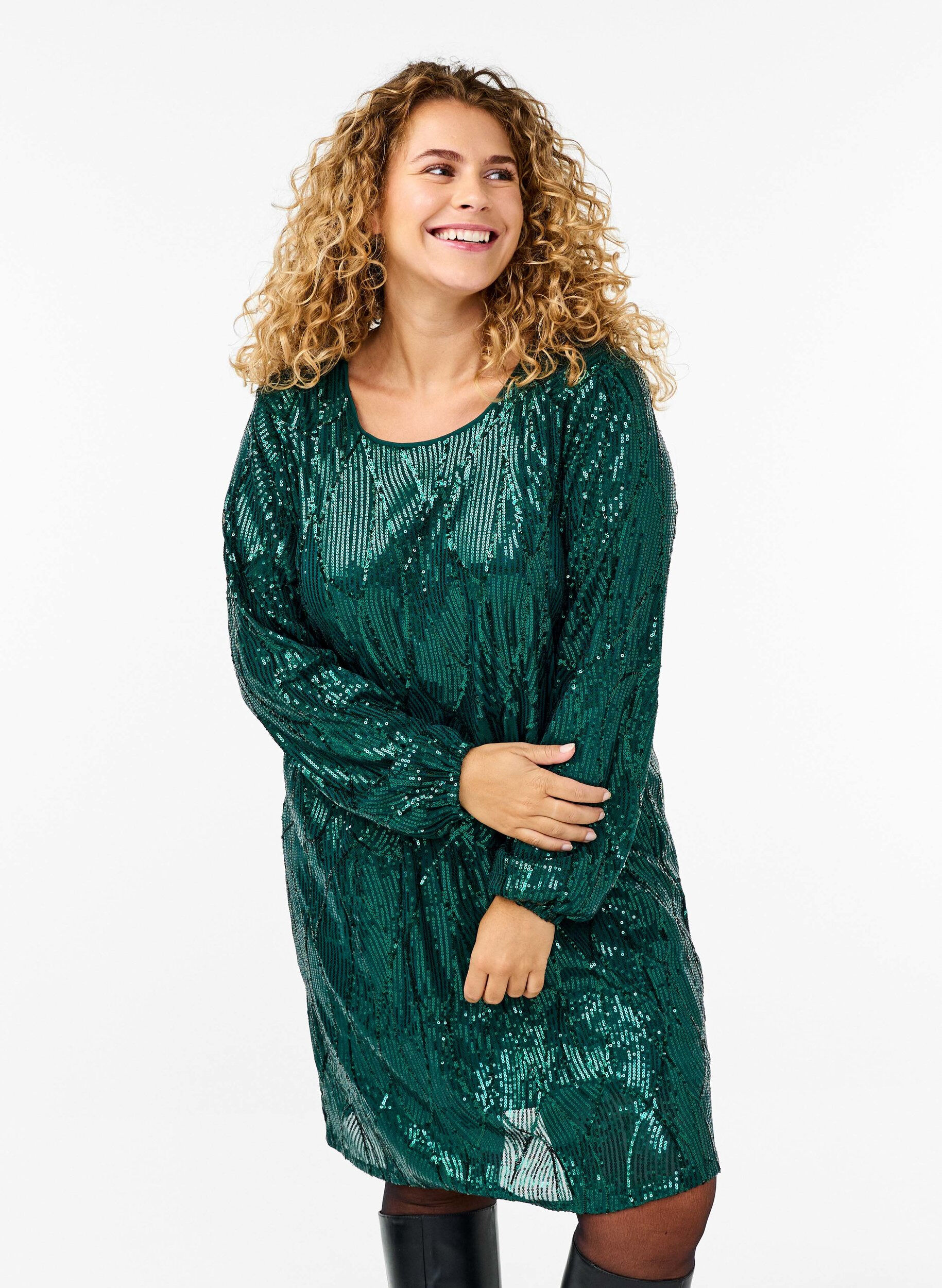 Zizzi Cekinowa, wzorzysta sukienka z dlugimi rekawami, Rain Forest, Model image number 0