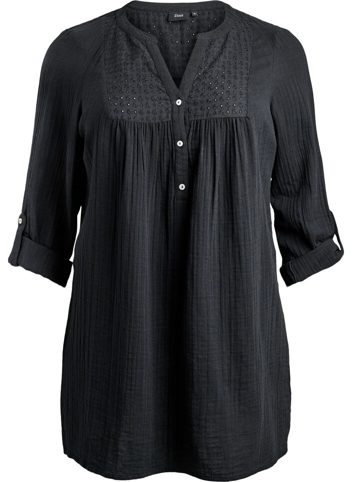 Tunika z bawelnianej, muslinowej tkaniny z haftem angielskim, Czarne, Packshot image number 0