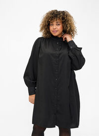 Wiskozowa sukienka koszulowa z marszczeniami, Black, Model