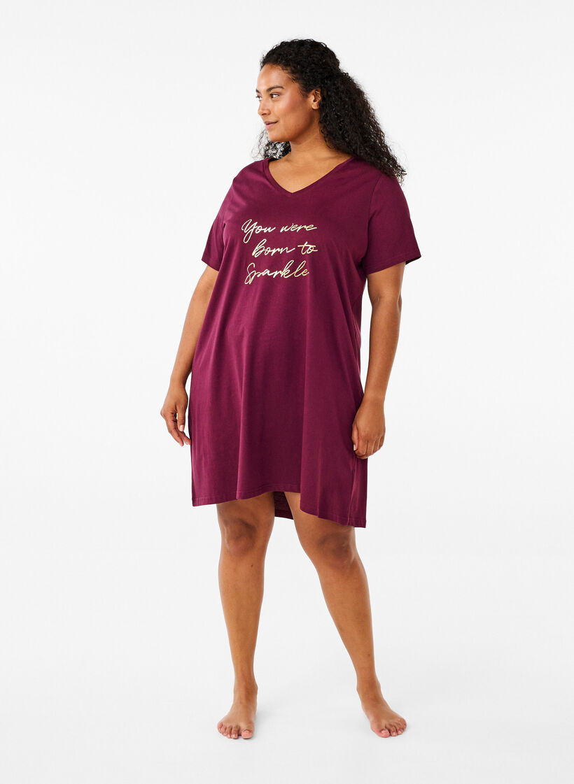 Koszula nocna z bawelny organicznej z dekoltem w szpic, Czerwony, Model image number 1