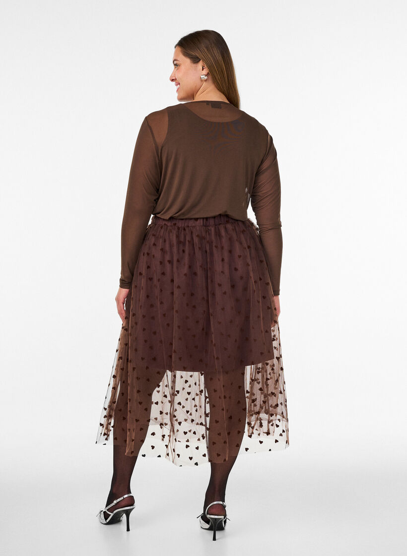 Tiulowa sp&oacute;dnica midi w serca, Brązowy, Model image number 2
