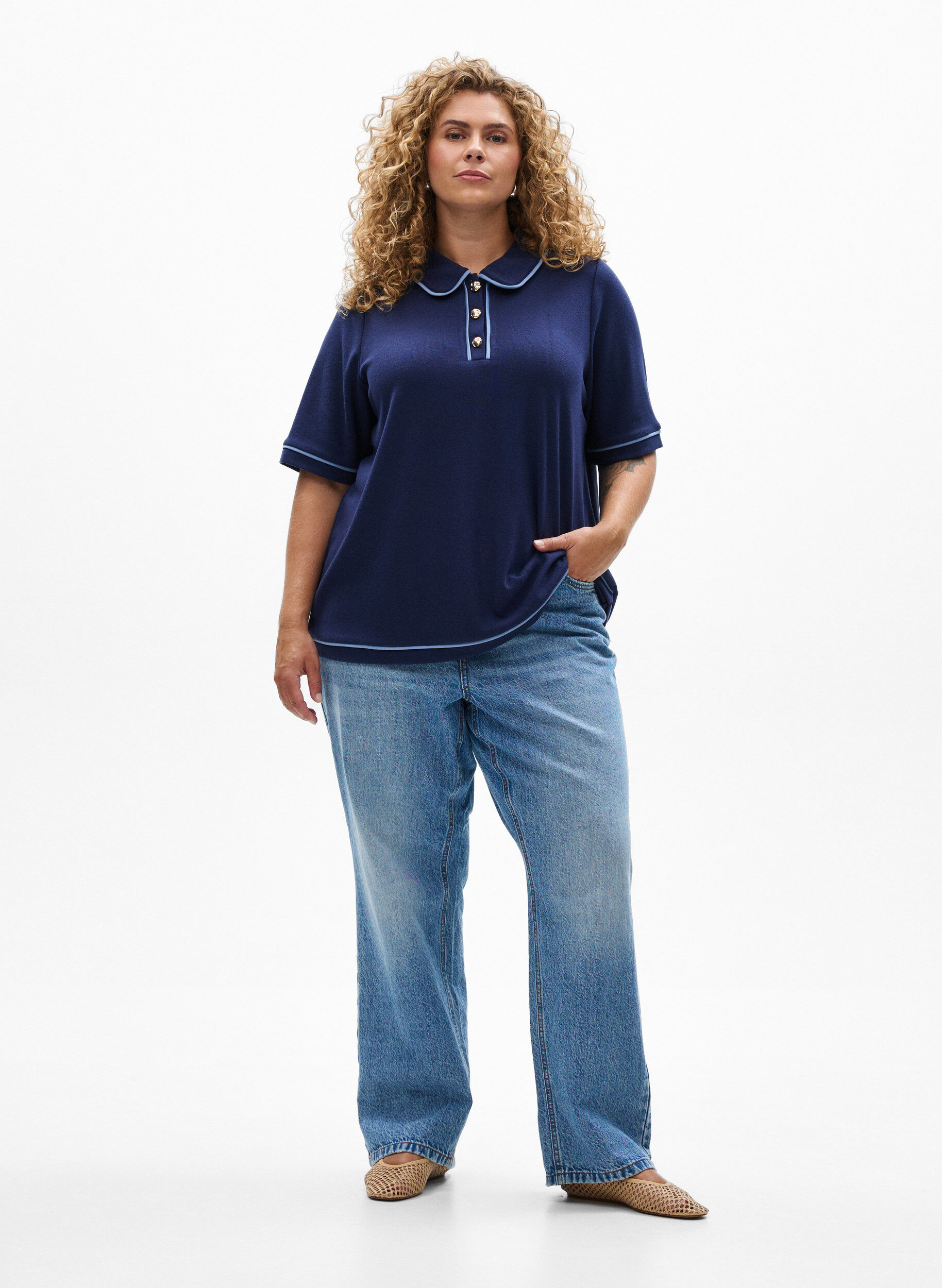 Zizzi Koszulka polo z dzerseju z kontrastowymi wykonczeniami, Niebieskie, Model image number 1