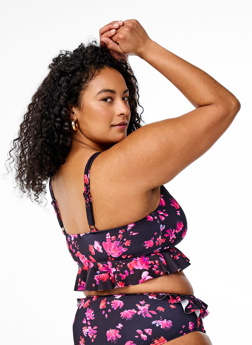 Kwiecisty stanik bikini z marszczona lamówka, Różowy, Model image number 2