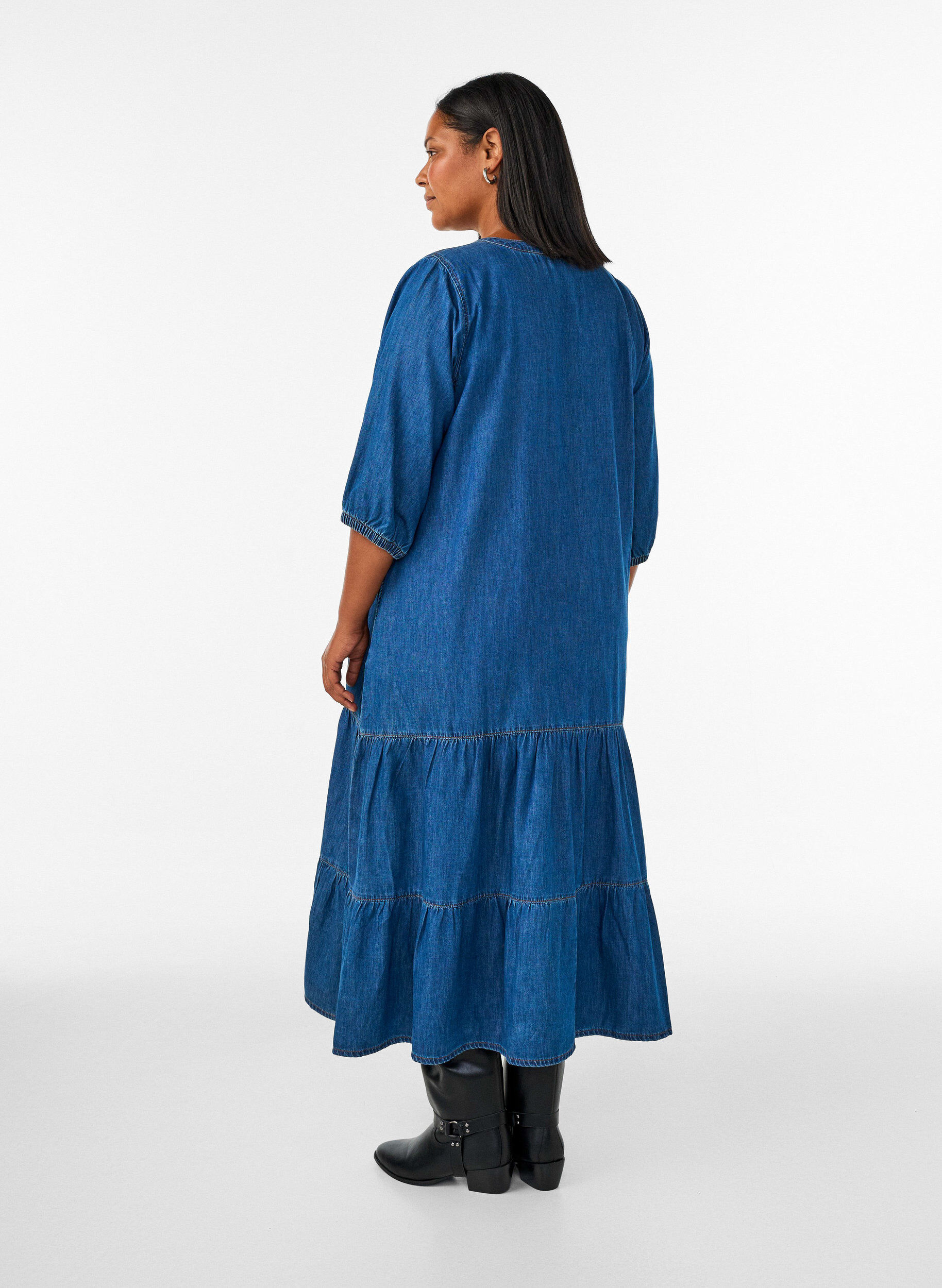 ZizziMaxi sukienka z odziezy jeansowej z falbankami, Niebieskie, Model image number 1