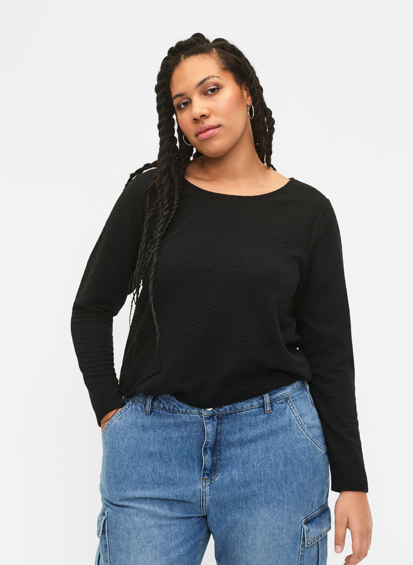 Bluzka z dlugim rekawem z faktura, Czarne, Model image number 3