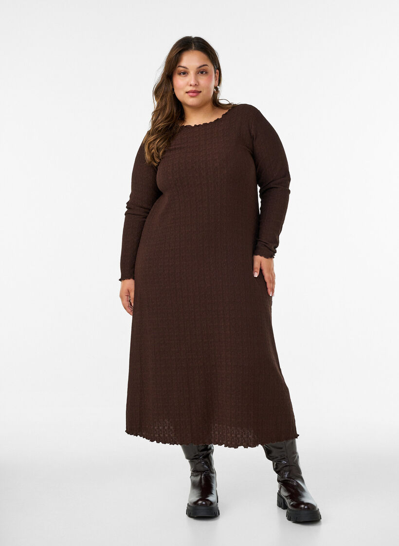 Sukienka midi o pofalowanej strukturze z dlugim rekawem, Brązowy, Model image number 1