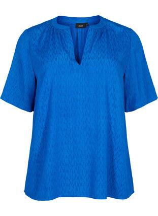 Wiskozowa bluzka z krótkimi rekawami i dekoltem w szpic, Princess Blue, Packshot image number 0