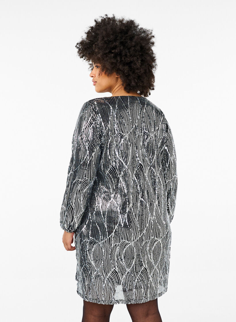 Cekinowa, wzorzysta sukienka z dlugimi rekawami, Silver Sequins, Model image number 1