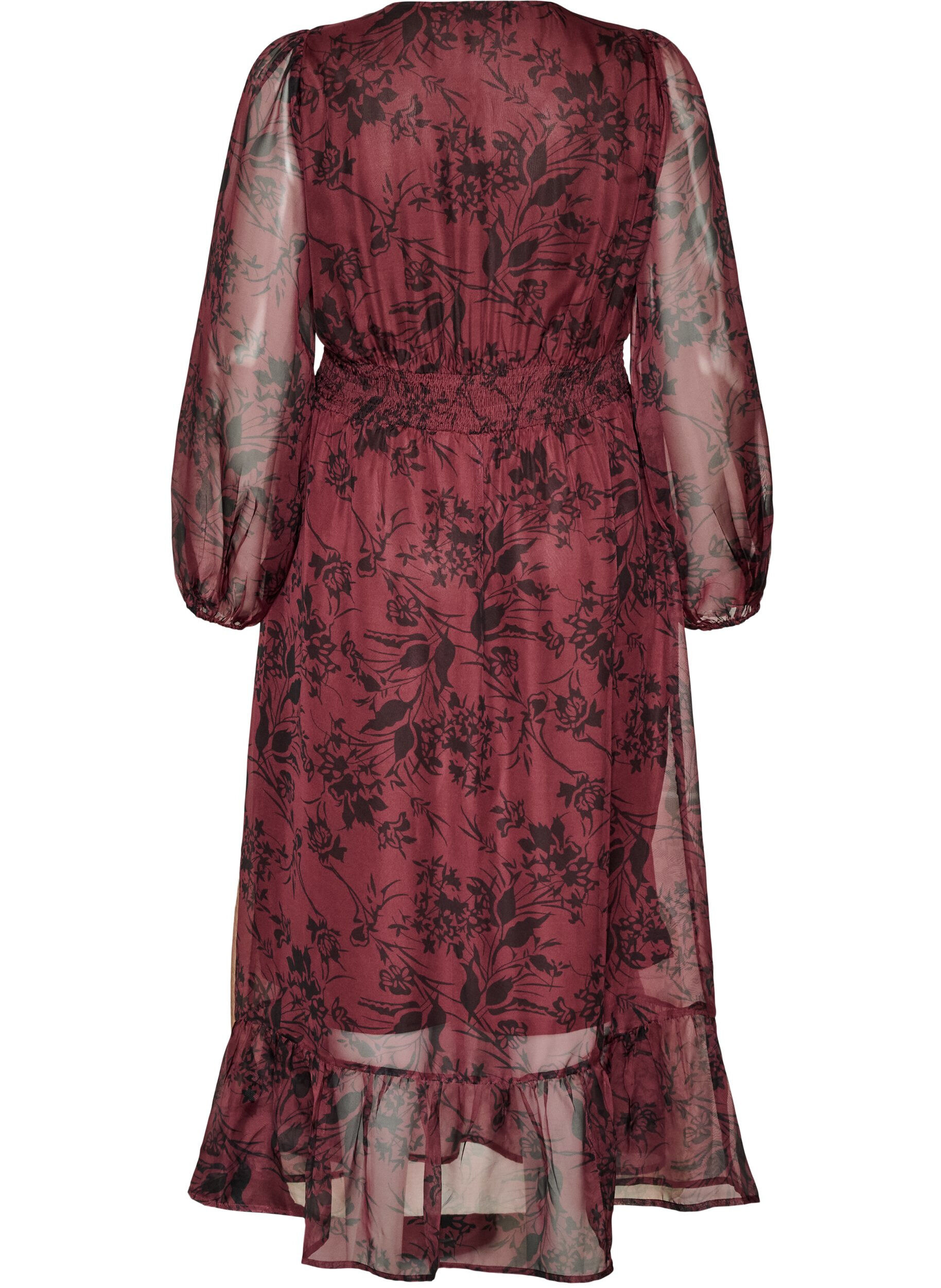 ZizziSukienka maxi w kwiaty z marszczeniem, Ciemnobordowy, Packshot image number 1