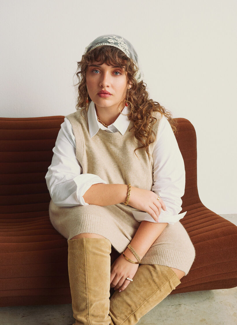 Tr&oacute;jkatny koronkowy szal, Beżowy, Image image number 0