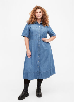 Jeansowa sukienka koszulowa z krótkim rekawem, Light Blue Denim, Model image number 2