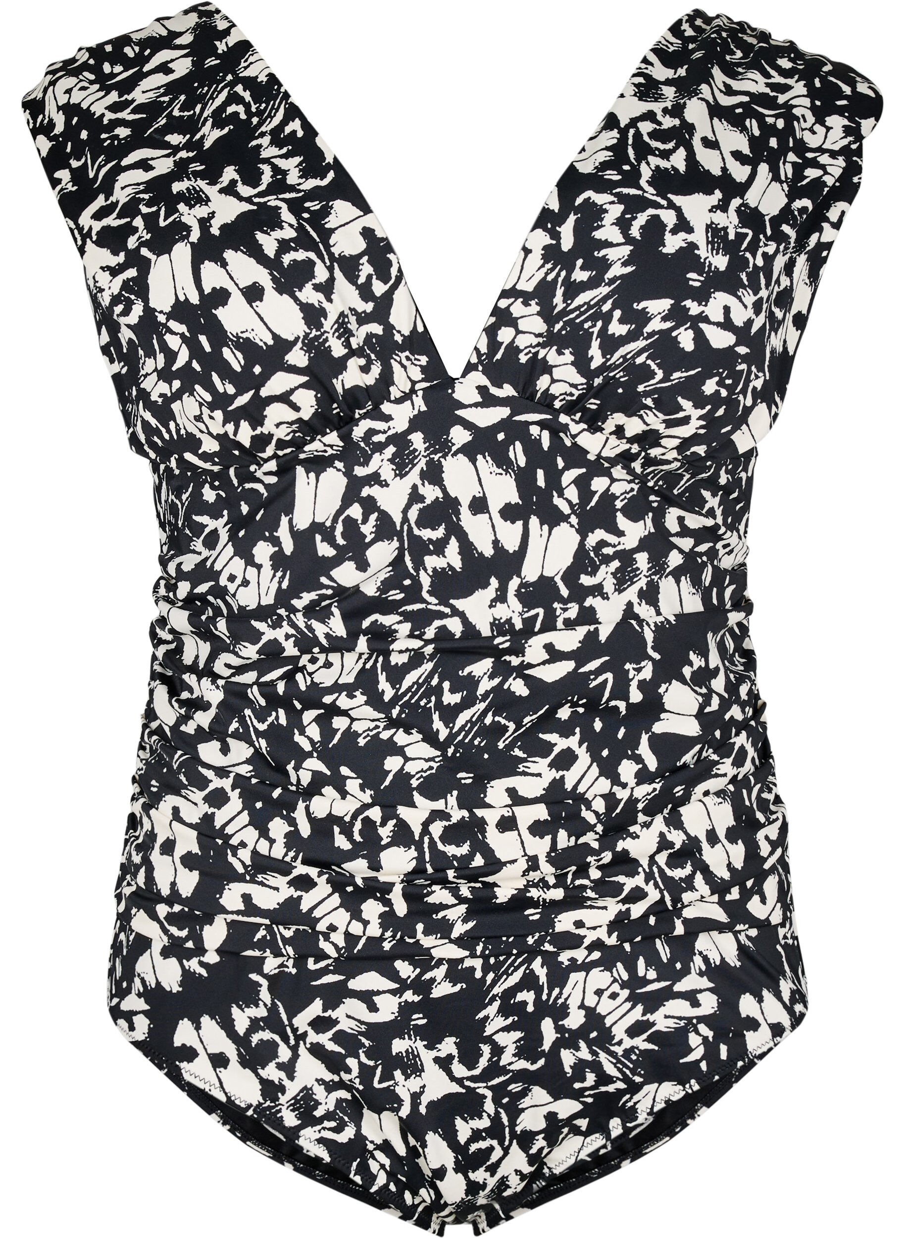 Wzorzysty str&oacute;j kapielowy z glebokim dekoltem w szpic