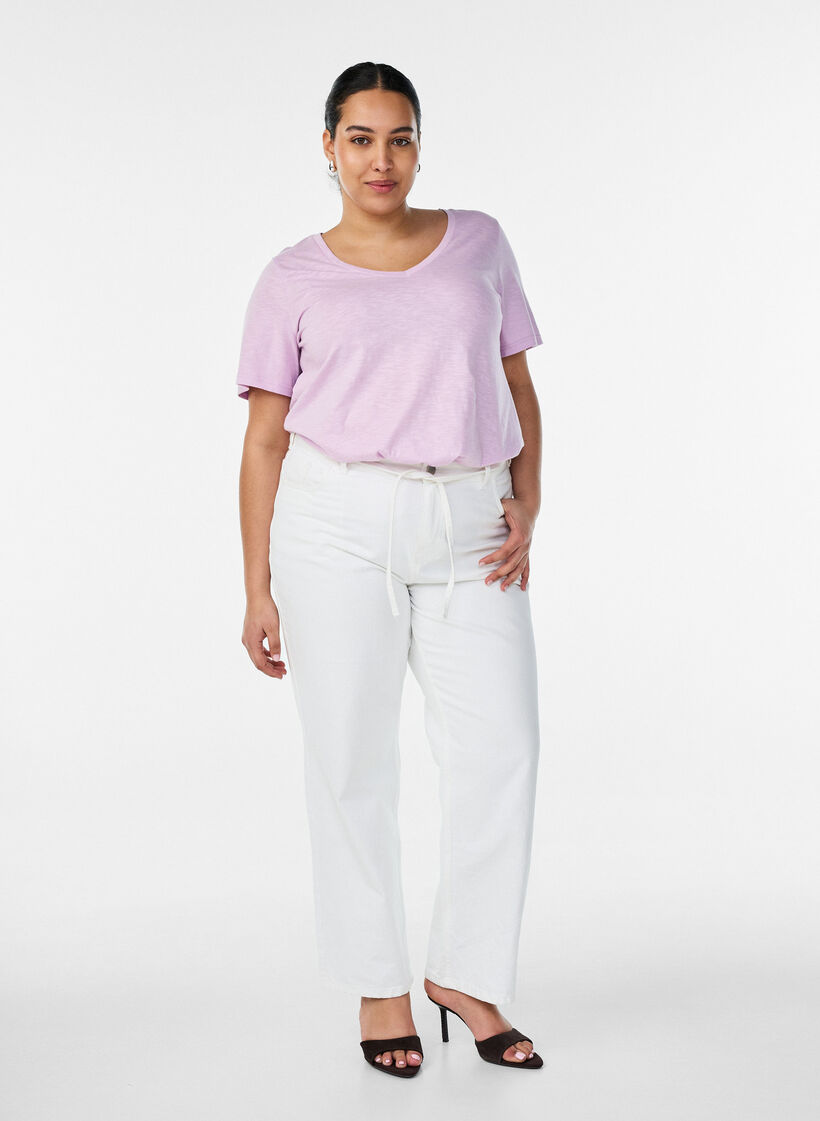 Podstawowa koszulka z kr&oacute;tkim rekawem i dekoltem w szpic, Fioletowy, Model image number 1