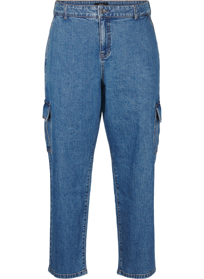 Jeansy cargo z wysokim stanem, Blue Denim, Packshot image number 0