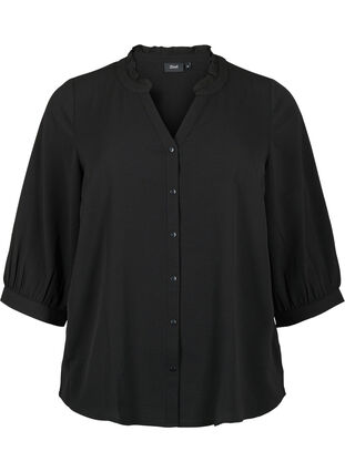 Bluzka koszulowa z rekawami 3/4 i kolnierzem z falbanami, Black, Packshot image number 0