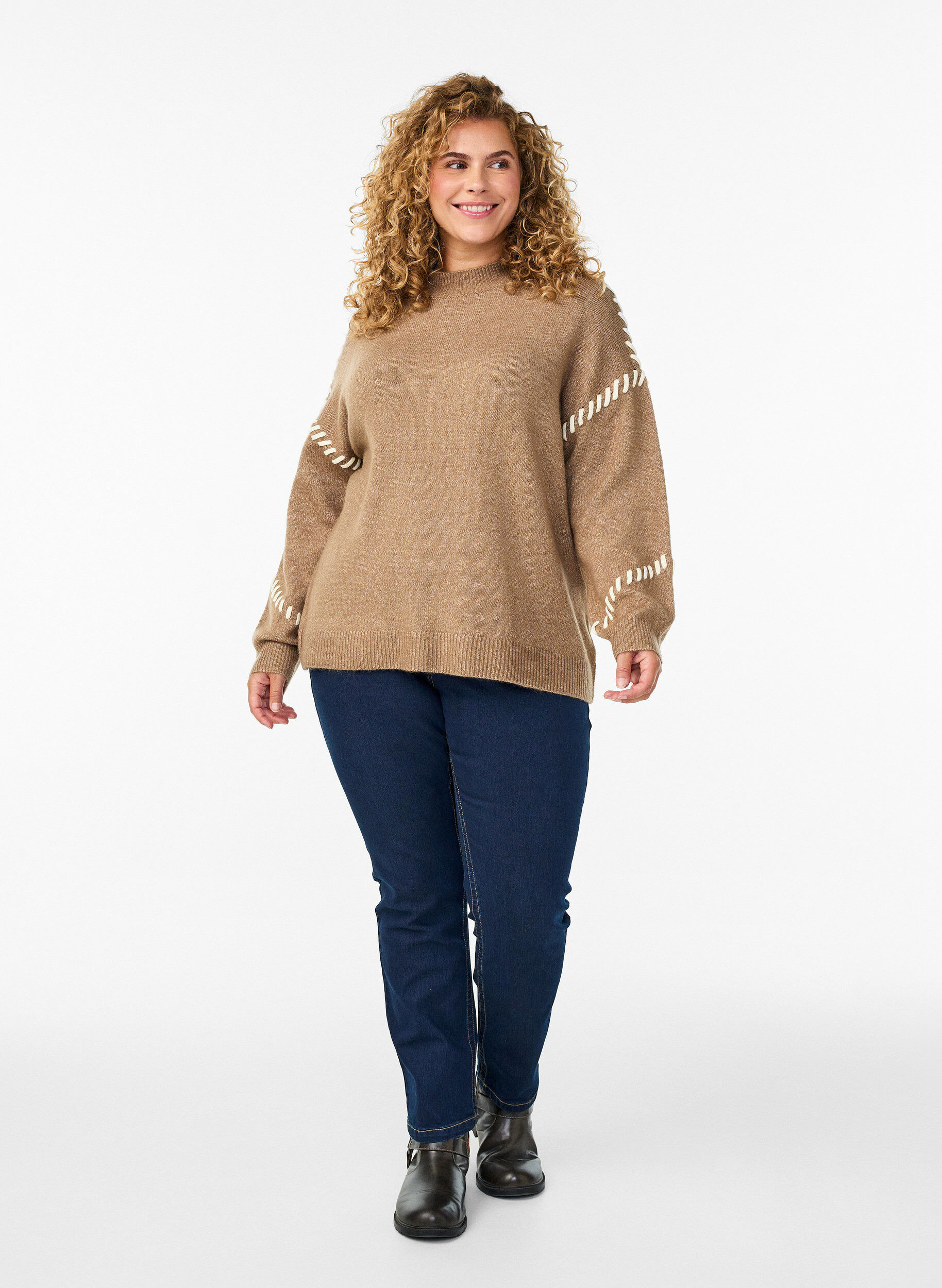 Zizzi Sweter z ozdobnymi sciegami, Brązowy, Model image number 1