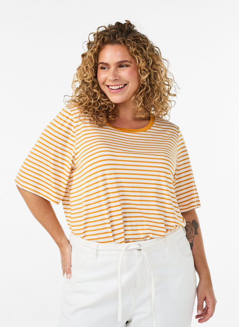 Koszulka z TENCEL&trade; Lyocell i paskami, Ż&oacute;łty, Model image number 0