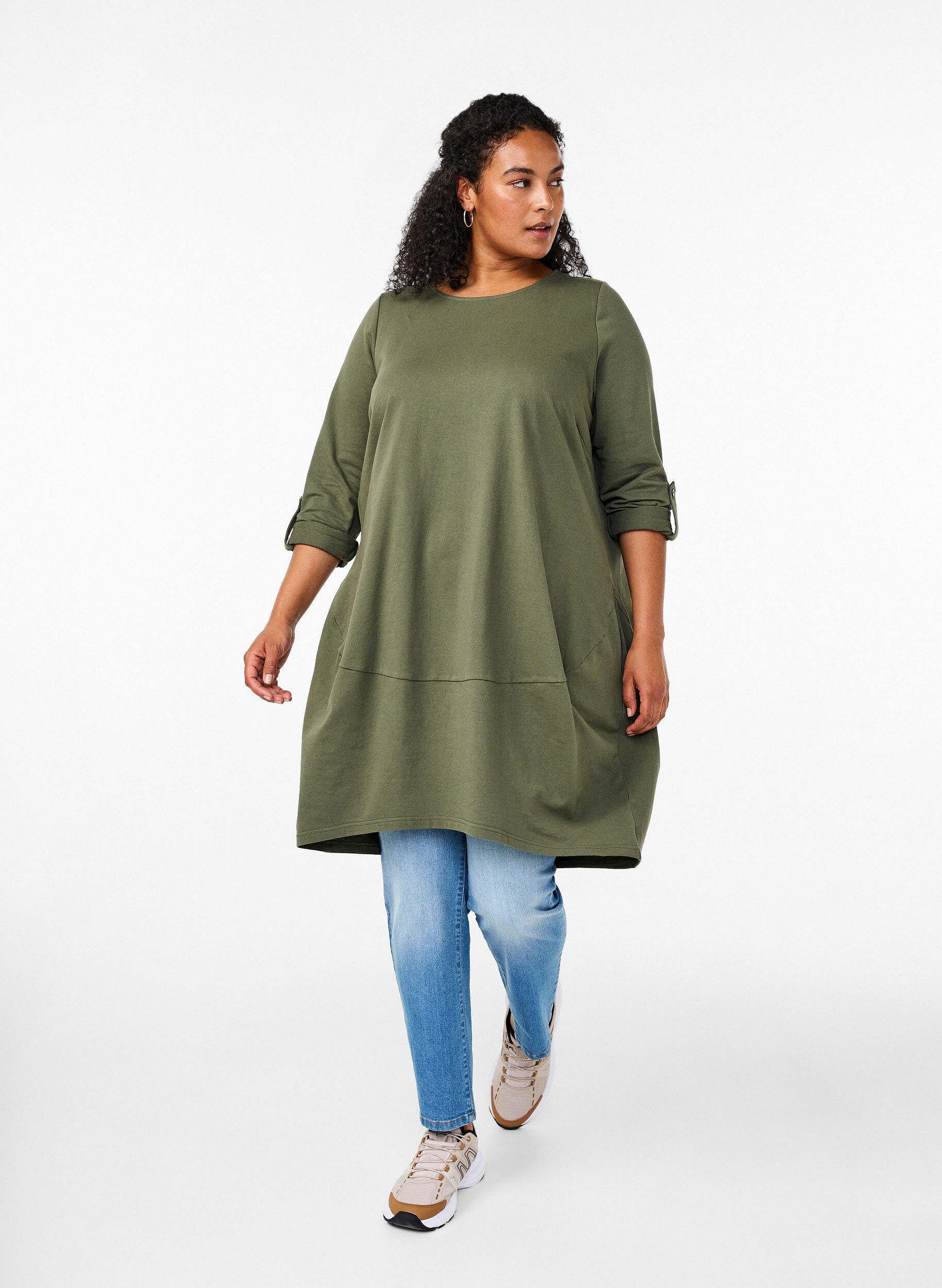 ZizziBawelniana sukienka balonowa z kieszeniami, Zielony, Model image number 1