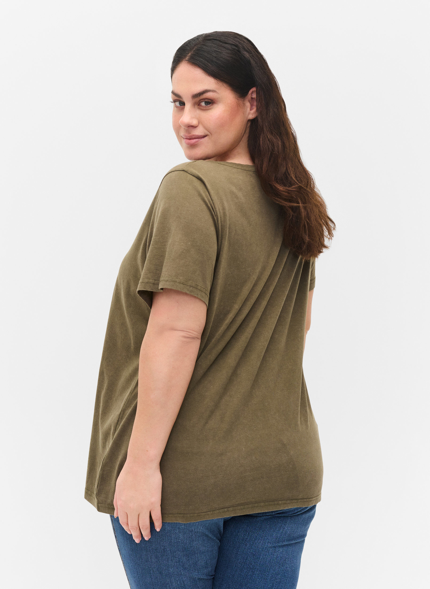 Zizzi Cotton t-shirt in acid wash and stones, Ivy Green Wash, Model image number 1