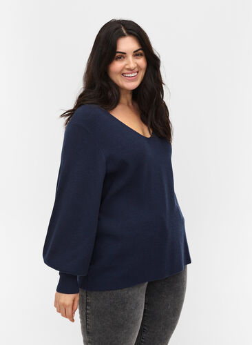 Knitted blouse with v-neck and puff sleeves, Navy Blazer, Model image number 0