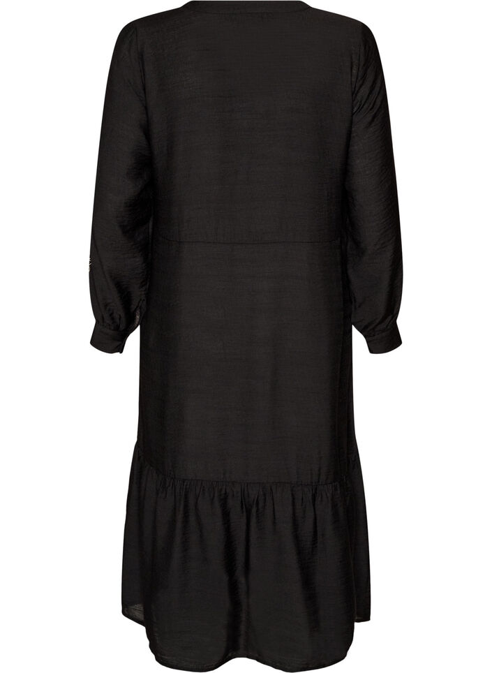 Sukienka z wiskozy z haftem i wielowarstwowymi falbankami, Czarne, Packshot image number 1