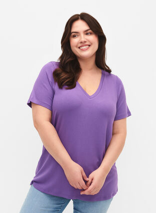 Prazkowany t-shirt z wiskozy z dekoltem w szpic, Deep Lavender, Model image number 0